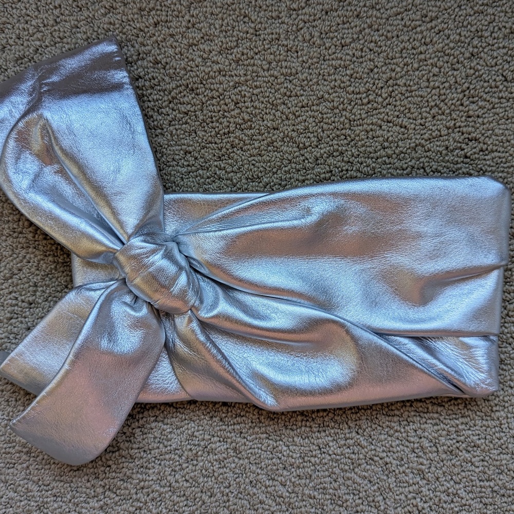 Valentino Silver Leather Pleated Bow Clutch